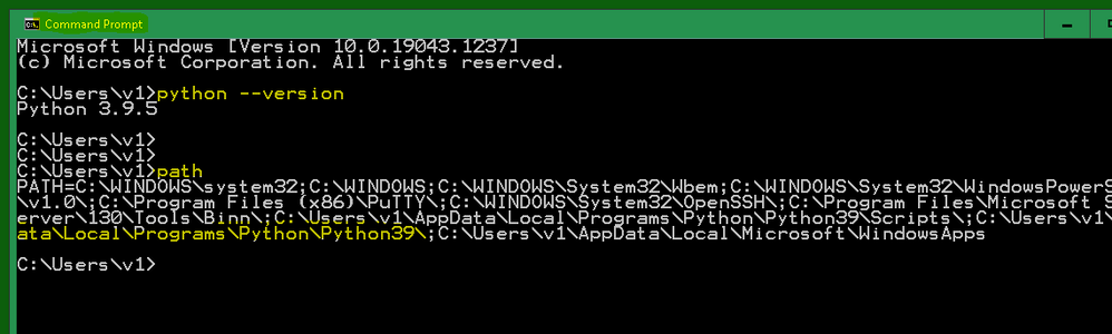 The path command shows two Python directories.