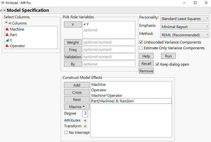 Figure 3: Fit Model dialog window, with the random variable Part nested in Machine.