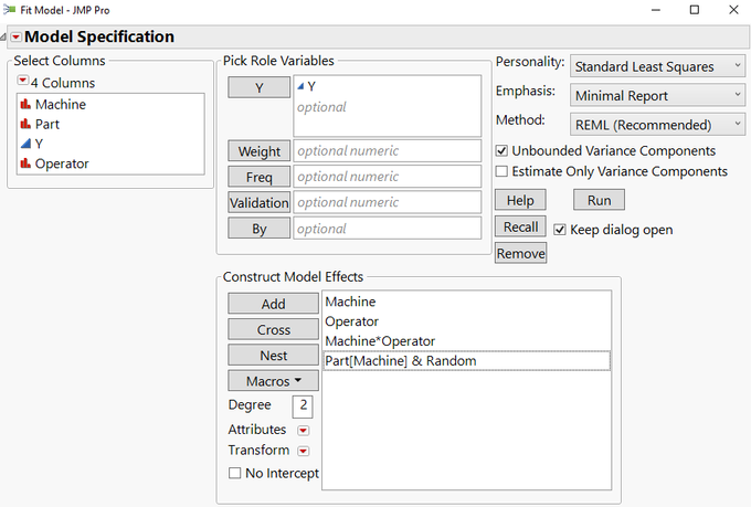 Figure 3: Fit Model dialog window, with the random variable Part nested in Machine.