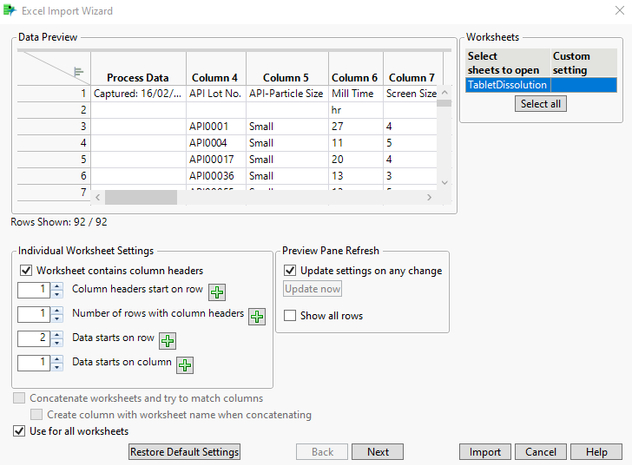Figure 5: Excel Import Wizard after dragging Excel file into open JMP window, showing default settings.