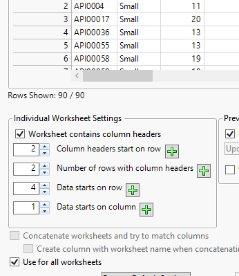 Figure 6: Individual Worksheet Settings in Excel Import Wizard after adjusting values to align data properly.