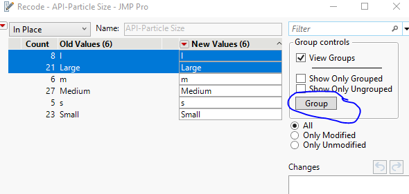 Figure 8: Recode window, with Large and l values highlighted, and the Group button highlighted.