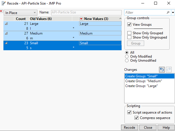 Figure 9: Recode window with the three groups for API-Particle Size defined.