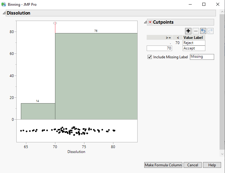 Figure 12: Binning dialog window, with cut point value changed to 70 and value labels changed to Reject and Accept.