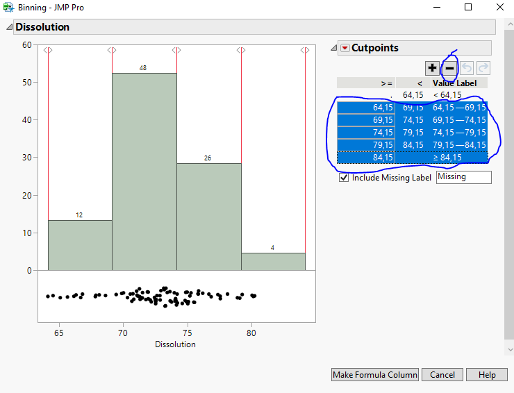 Figure 11: Binning dialog window, with all default cut points selected and the remove button (-) indicated by a blue circle.