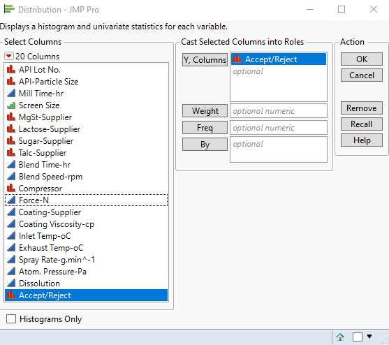 Figure 13: Distribution dialog window, with column Accept/Reject in the Y, Columns box.