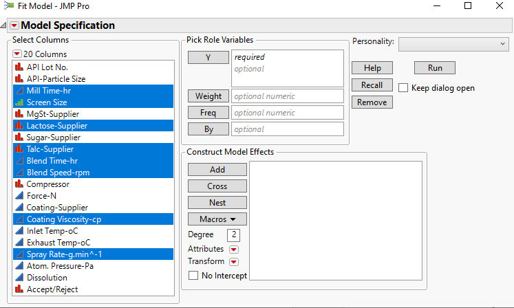 Figure 21: Fit Model dialog window, with columns of significant factors selected.