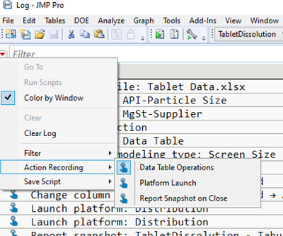 Figure 28: Log window, showing the Action Recording options within the red triangle menu, with only Data Table Operations selected.