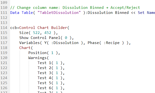 Figure 32: JSL script window with the Control Chart Builder, now referenced by the name ccb.