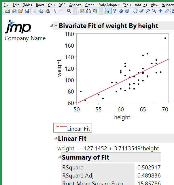 A JMP report in the right side of a display tree. The left side is a vertical stack of two items.