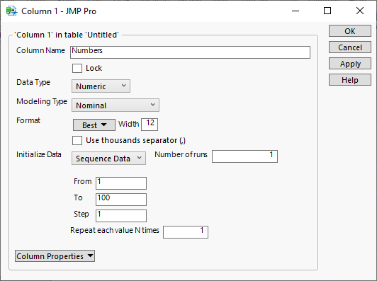Fill Data Table Columns with Sequential Data - JMP User Community