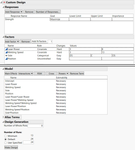 Figure 5 – Building of the custom design of experiments – The Custom Design platform allows the creation of a completely customized test plan. The Responses part provides the list of responses to be optimized, in this case the goal is to look for the maximum strength. The Factors part presents the way how the four constraints have been addressed. As the position is uncontrolled, no values are input into the limits. The Model part displays all the factors and interactions considered in the model. RSM (Response Surface Methodology) is used, the interactions between the laser power, the welding speed and the side have been removed as they have been considered not significant. Finally, the Design Generation part proposes 8 trials and 24 measurements.