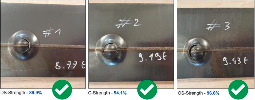 Figure 10 – Optimum preset and weld strength –  The figure shows the results of the 3 Erichsen-type cupping tests performed on the DS, C and OS sides. Visually, it can be seen that it is the material that breaks and not the weld. Moreover, all the tests show a strength level comparable to the base material one.