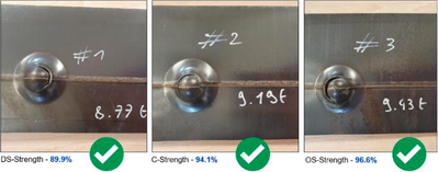 Figure 10 – Optimum preset and weld strength –  The figure shows the results of the 3 Erichsen-type cupping tests performed on the DS, C and OS sides. Visually, it can be seen that it is the material that breaks and not the weld. Moreover, all the tests show a strength level comparable to the base material one.