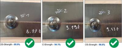 Figure 10 – Optimum preset and weld strength –  The figure shows the results of the 3 Erichsen-type cupping tests performed on the DS, C and OS sides. Visually, it can be seen that it is the material that breaks and not the weld. Moreover, all the tests show a strength level comparable to the base material one.