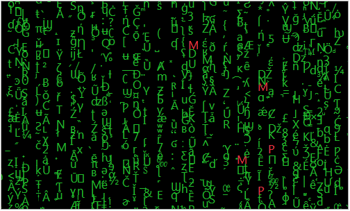 Animated gif of random green letters with random red J, M, and P characters