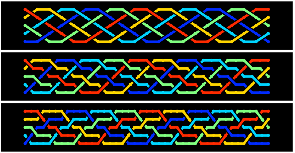 Colorful braids. The top one is smoothest. The bottom two have more angles but are easier to see as equivalent.
