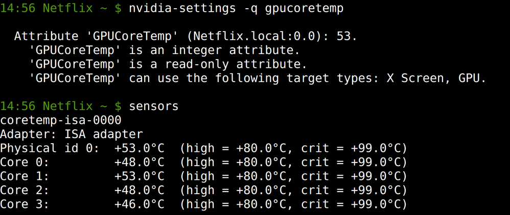 nvidia-settings and sensors commands to show temperature