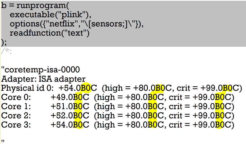 Output of sensors command showing B0 for degree symbol