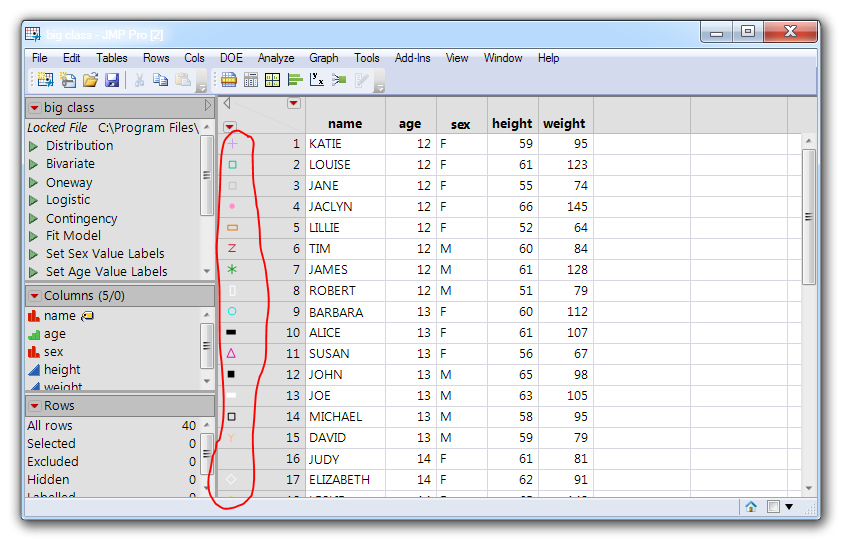 Data table with row states set to random colors and markers