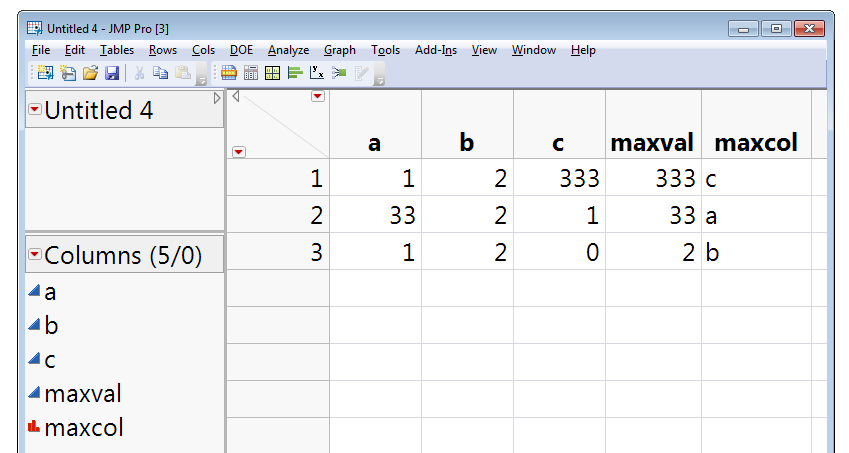 Data table with maximum value from row and name of maximum column for row