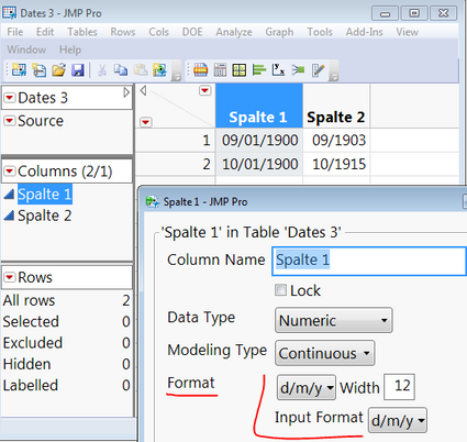 Changing Date formats in JMP Column Info with Input and output format