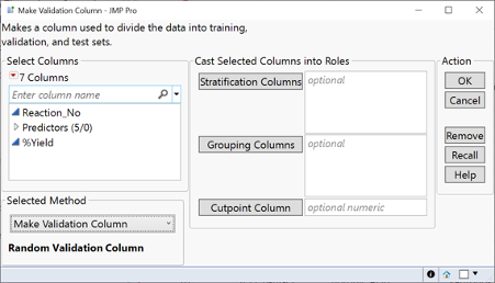 The Make Validation Column tool in JMP Pro (Analyze > Predictive Modeling). In this example, we stick with the defaults to make a Random Validation Column and click OK.