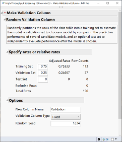 The default 0.75/0.25 training/validation split in Make Validation Column. Enter “1234” as the Random Seed if you want to follow along in JMP Pro and get the same results.