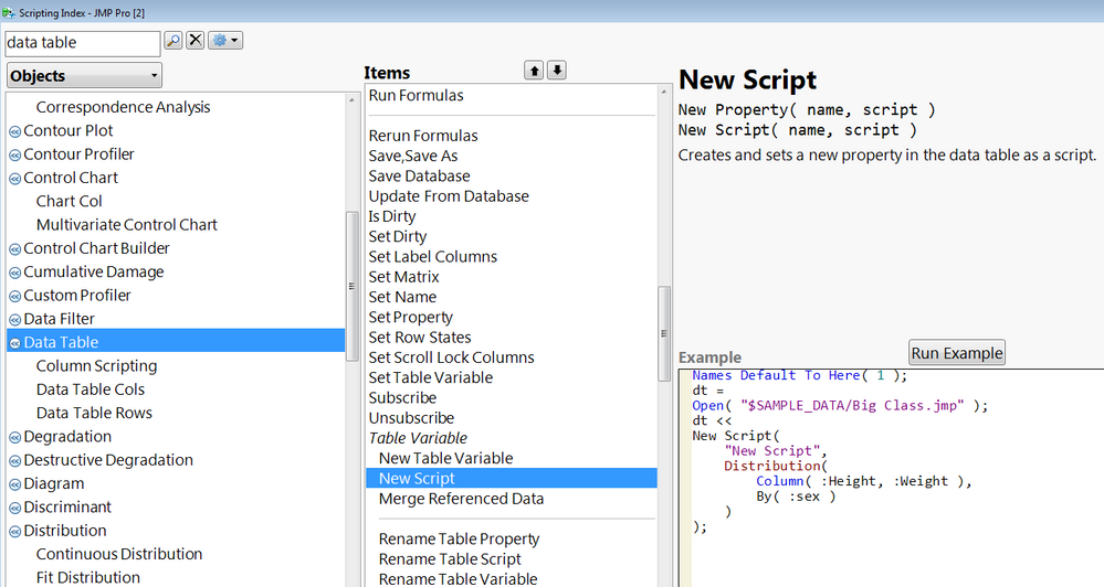 JMP scripting index, opened to the new script command for a data table