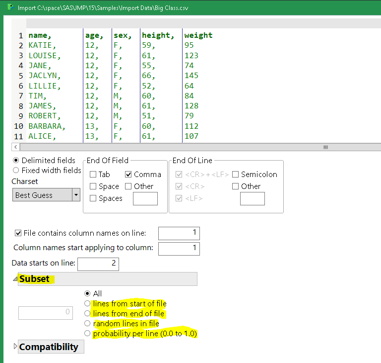 Subset options - open the Subset outline node to see them.