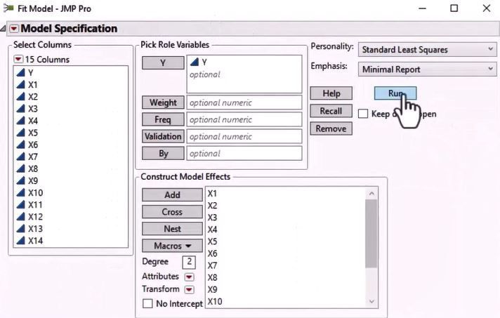 Fit Model Standard Least Squares Minimal Report Selection Window