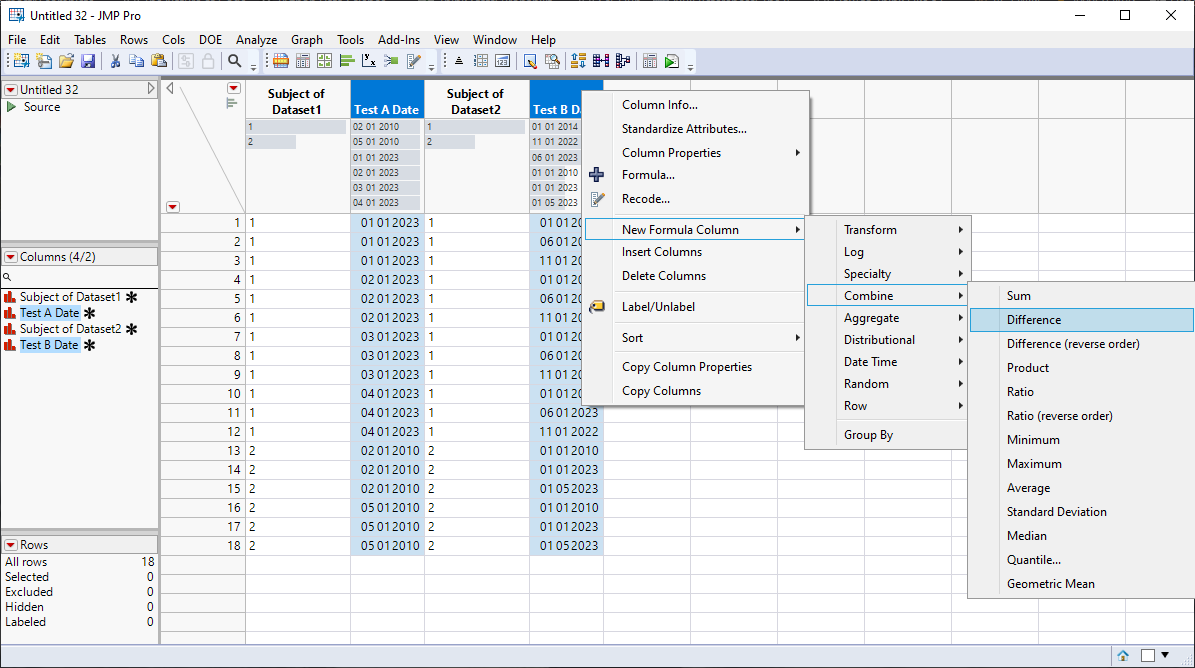 date differences in two datasets JMP User Community