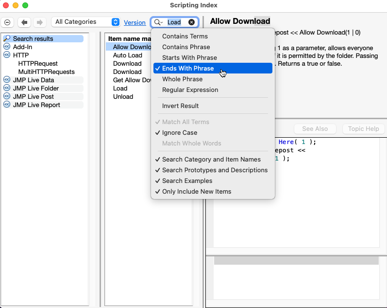 Filter Options for Scripting Index Search