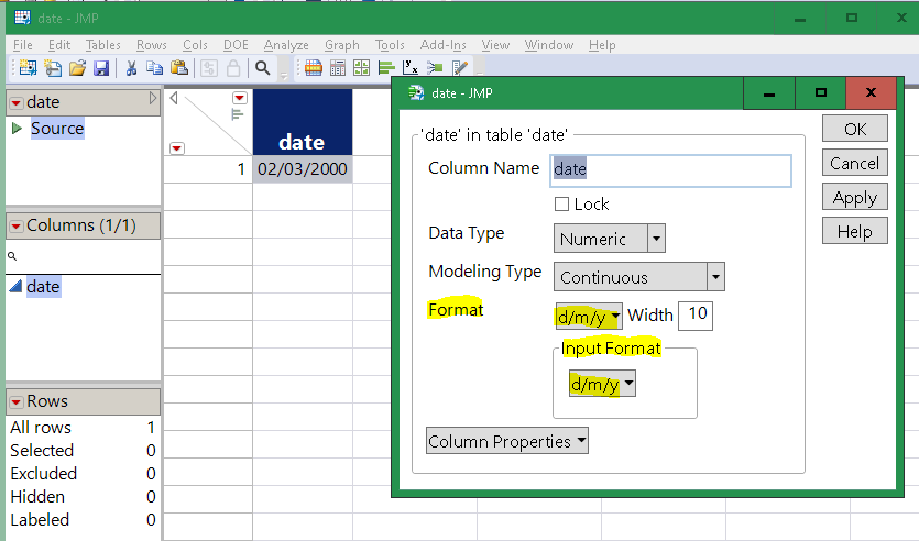 Also showing the column info dialog.