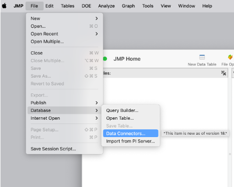 Data Connectors are a new option in the File menu of JMP 18.