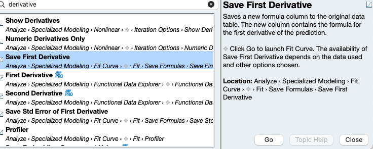 JMP save first derivative