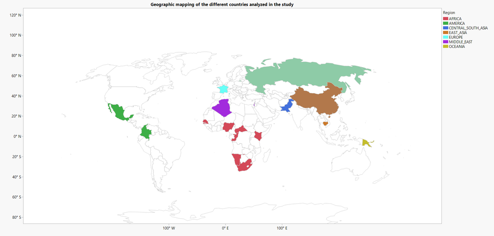 Geographic mapping of the different countries analyzed in the study