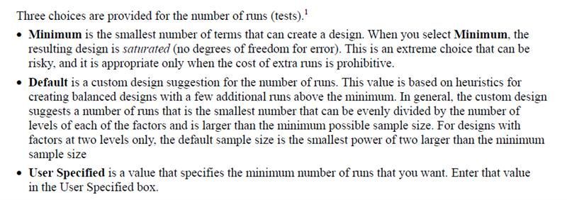 How are the default number of runs calculated in Custom DOE ...