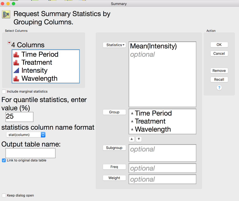 Tables Summary Dialog with Group Columns