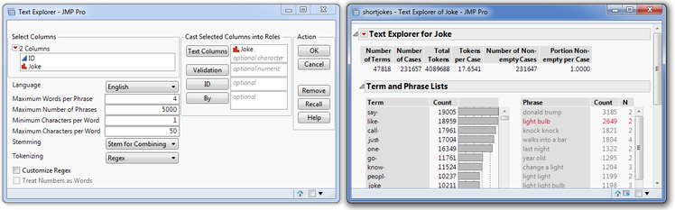 Figure 3. Text Explorer launch window (left) and initial report from launching Text Explorer (right).