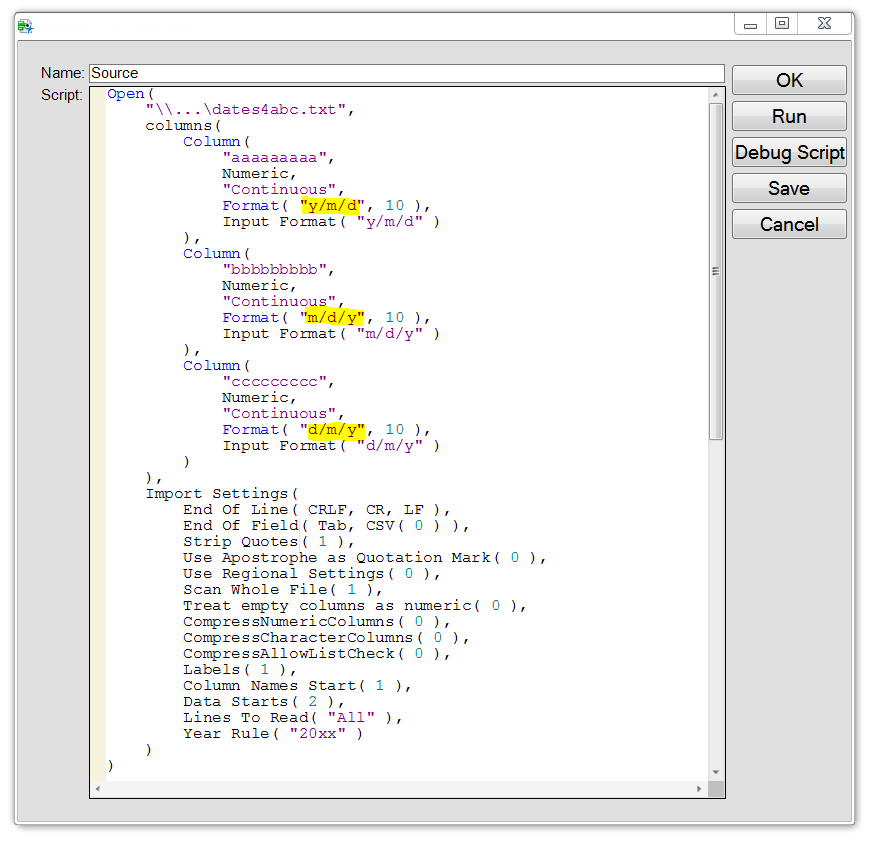 Source script for an imported CSV file can specify formats