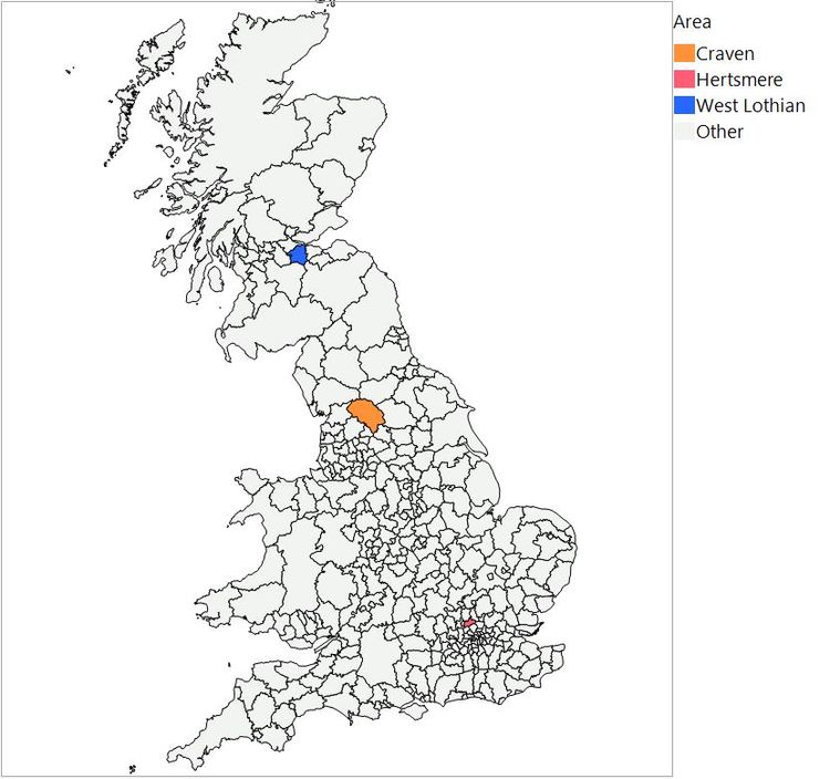 Map of Great Britain with Craven, Hertsmere and West Lothian areas highlighted.