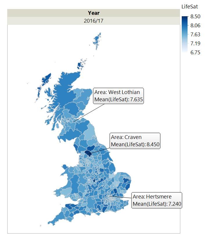 Map of Great Britain coloured by LifeSat for 2016/17.