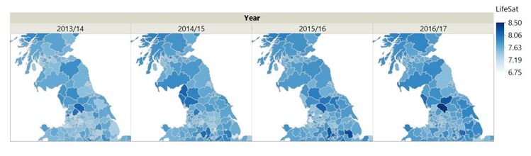 Maps of southern Scotland and northern England coloured by LifeSat for 2013/14 to 2016/17.