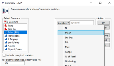 Select Columns>Statistics