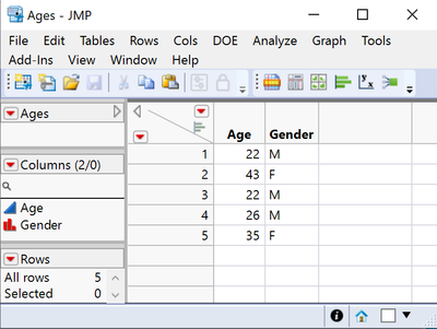 Selected data sent to JMP table