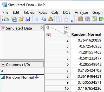 Simulated random standard normal data. The fat plus sign next to the variable name under the Columns panel tells us that a formula is stored in that column.