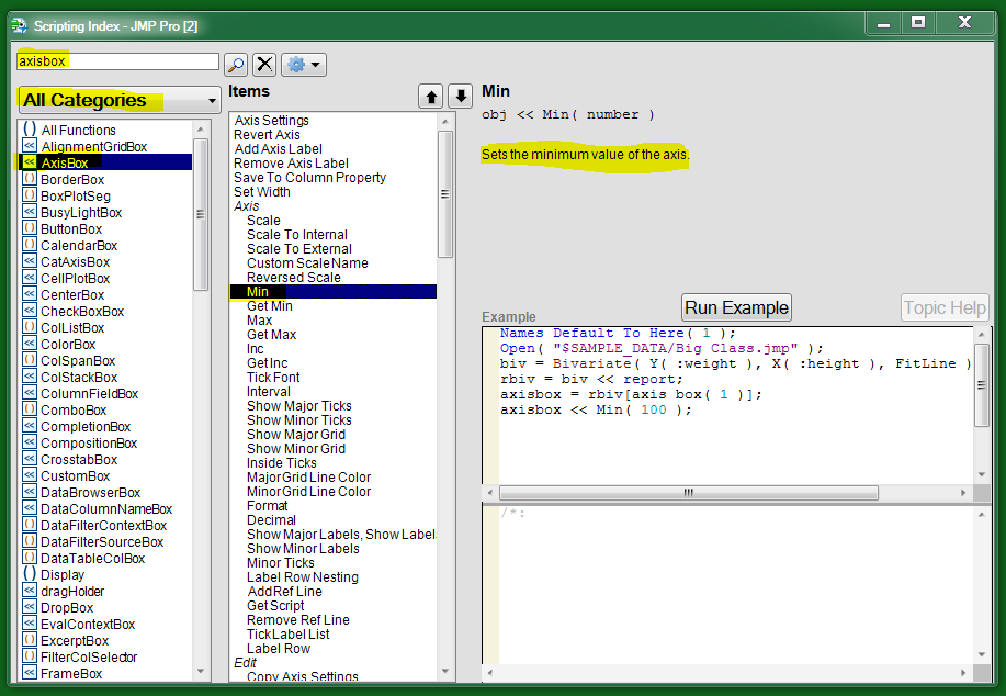 Using the scripting index to find messages for an AxisBox