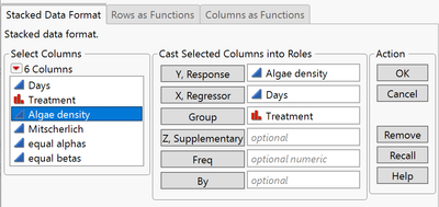 Algae Mitscherlich.jmp (Help > Sample Data Folder > Nonlinear Examples)