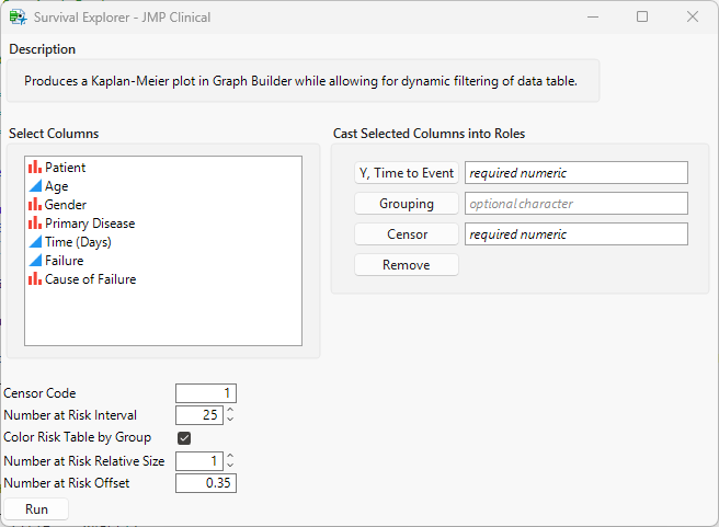 Richard_Zink_0-1760463781525.png Figure 1. Dialog for Survival Explorer